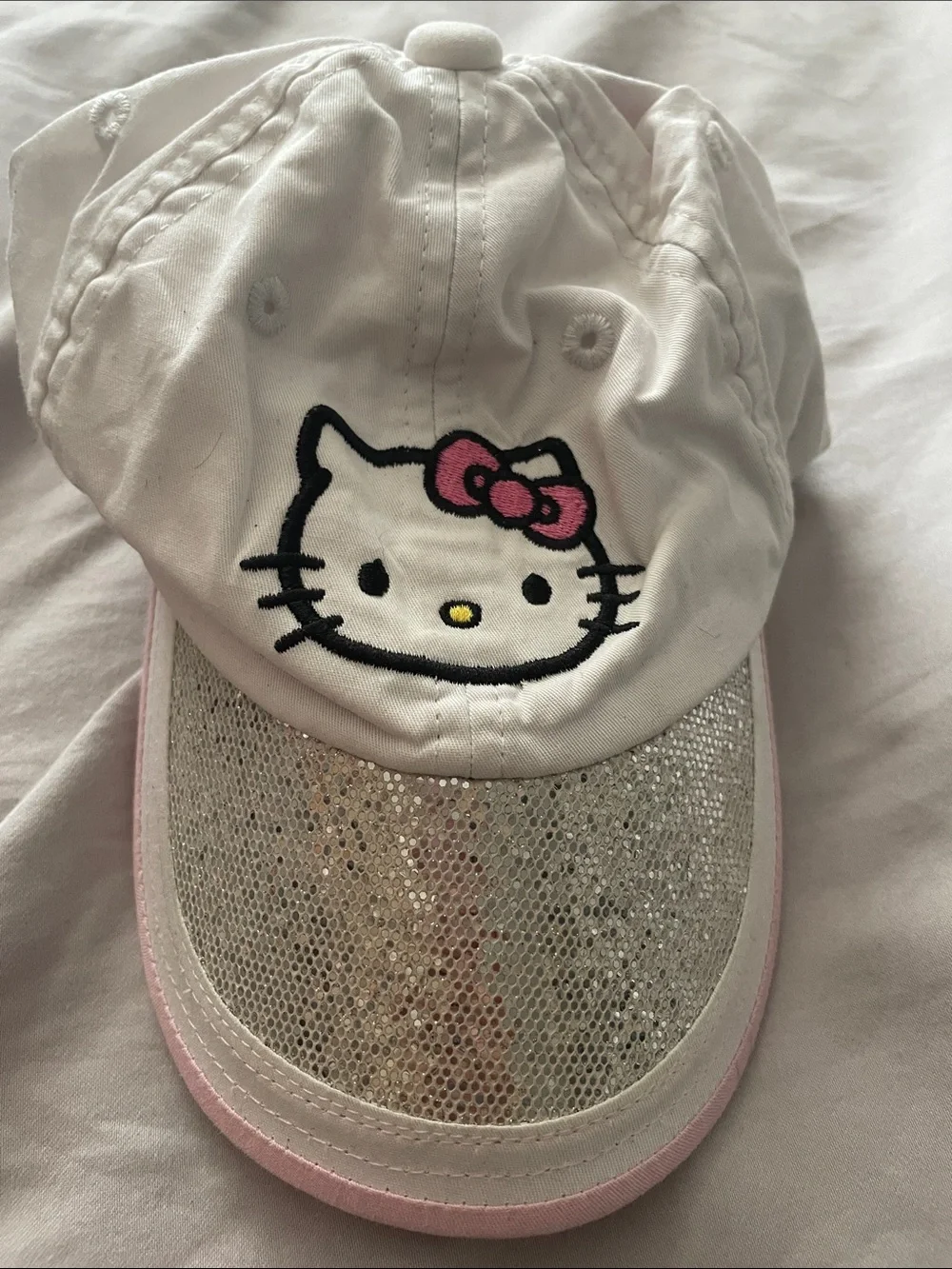 Sanrio White Cap with Pink Bow and Silver Glitter Brim